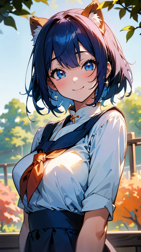 1 girl、anime style painting、upper body close-up、邪悪なsmile、dark blue hair、sparkling blue eyes、smile、white shirt、light blue apron、p...