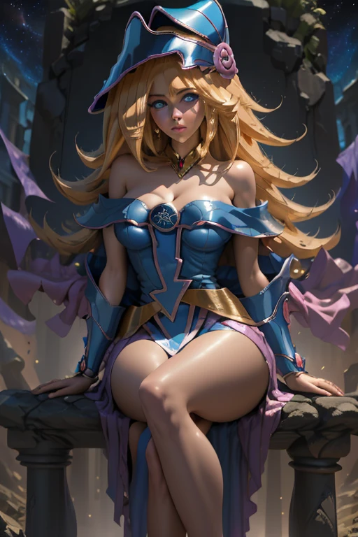 Masterpiece, 8k, best resolution, full body, dark magician girl on the throne, sexy crossed legs, medium tits, blonde hair, blue eyes, beautiful face, night sky, milky ways, ruins on the background