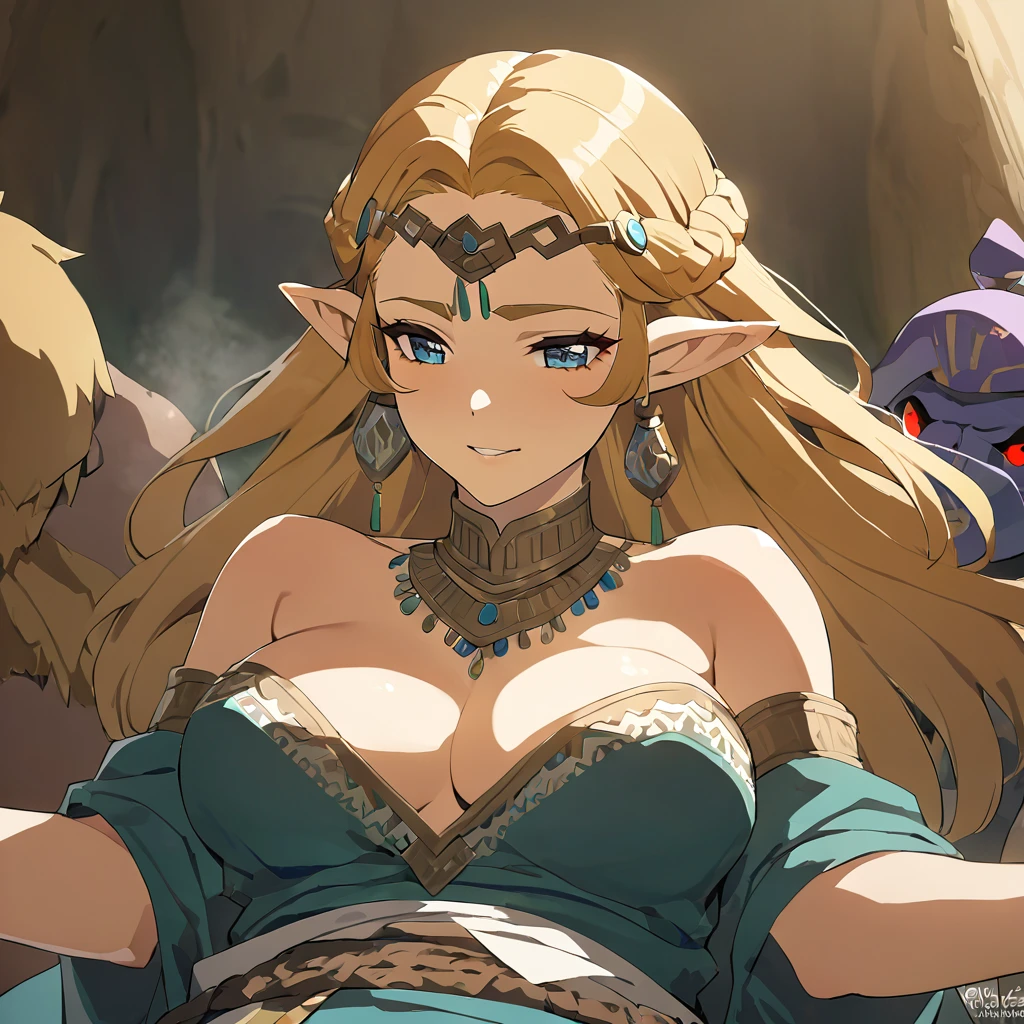 ((Highest quality)), ((masterpiece)), (detailed), （Perfect Face）、The woman is Queen Zelda of the Gerudo tribe, with blonde hair and blue eyes.、The woman is wearing the sexy, see-through traditional costume of the Gerudo tribe.、The woman happily offers herself to her beloved King Ganondorf, sexually serving him with both body and soul.