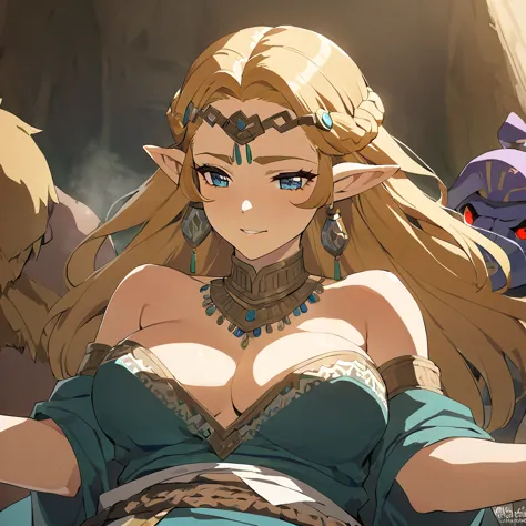 ((Highest quality)), ((masterpiece)), (detailed), （Perfect Face）、The woman is Queen Zelda of the Gerudo tribe, with blonde hair ...