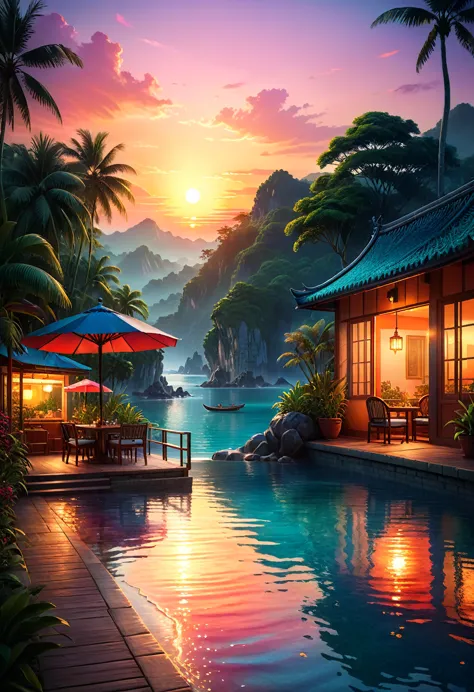 a high quality image of a serene (hot evening) scene with vibrant colors and soft sunset lighting, 8k resolution, hyper detailed...