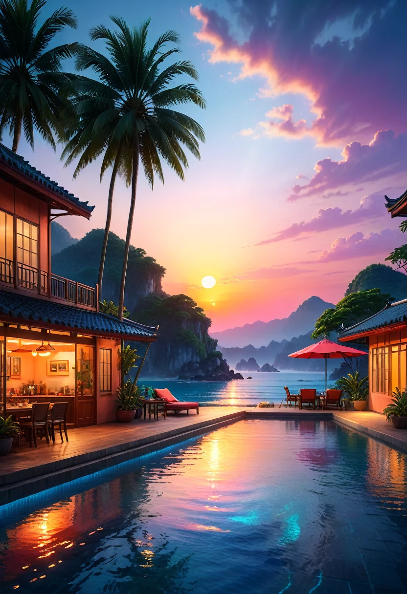 A high quality image of a serene (hot evening) scene with vibrant colors and soft sunset lighting, 8k resolution, hyper detailed with intricate textures and realistic details, inspired by the stunning work of (David Luong).