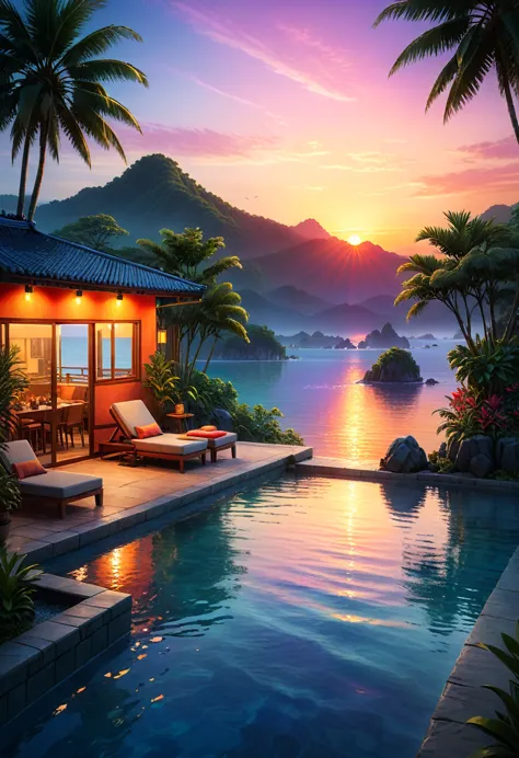 a high quality image of a serene (hot evening) scene with vibrant colors and soft sunset lighting, 8k resolution, hyper detailed...