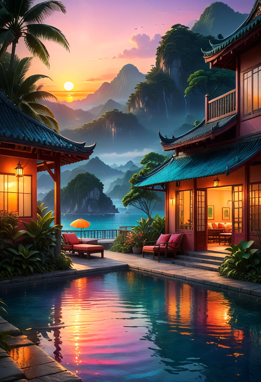 A high quality image of a serene (hot evening) scene with vibrant colors and soft sunset lighting, 8k resolution, hyper detailed with intricate textures and realistic details, inspired by the stunning work of (David Luong).