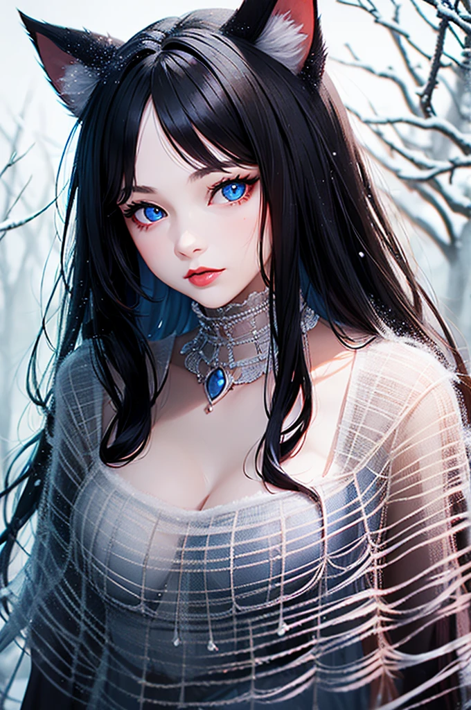 Detailed facial details，16 years old，1 girl，Red lips，Cat ear，Black long hair，Large Breasts，Slim，Charming blue eyes，Collar，Radiant Skin，Winter snow