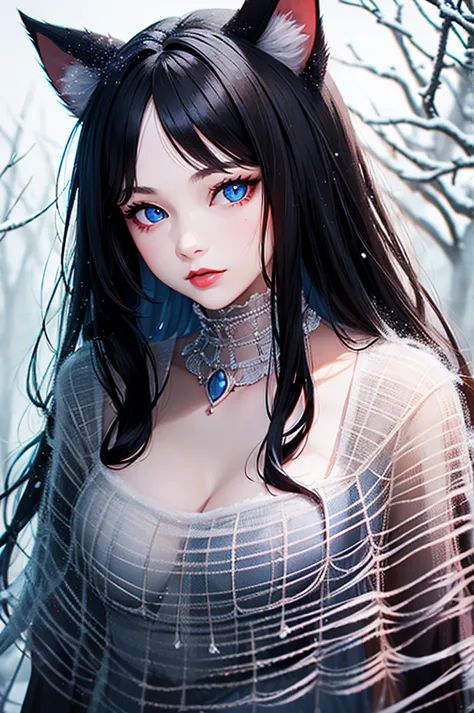 Detailed facial details，16 years old，1 girl，Red lips，Cat ear，Black long hair，Large Breasts，Slim，Charming blue eyes，Collar，Radian...