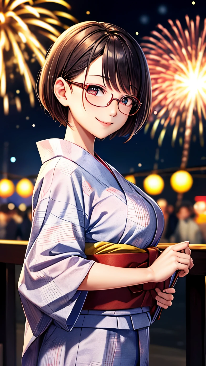 Highest quality, Highest Resolution, Super detailed,１People Girls, fair,yukata,Big Breasts, firework,Short Hair,Glasses,smile,Exciting