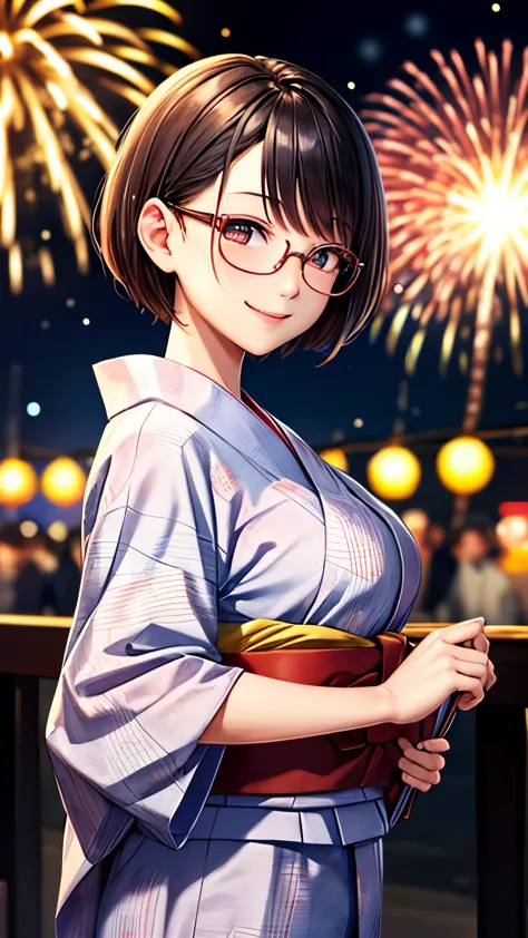 highest quality, highest resolution, super detailed,１people girls, fair,yukata,big breasts, firework,short hair,glasses,smile,ex...