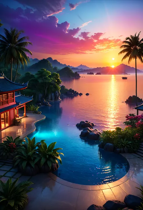 a high quality image of a serene (hot night) scene with vibrant colors and soft sunset lighting, 8k resolution, hyper detailed w...