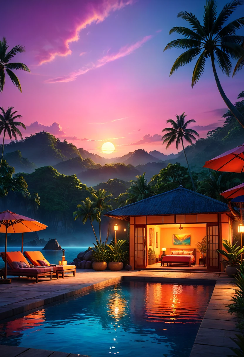 A high quality image of a serene (hot night) scene with vibrant colors and soft sunset lighting, 8k resolution, Hyper detailed with complex textures and realistic details, inspired by the impressive work of (David Luong).