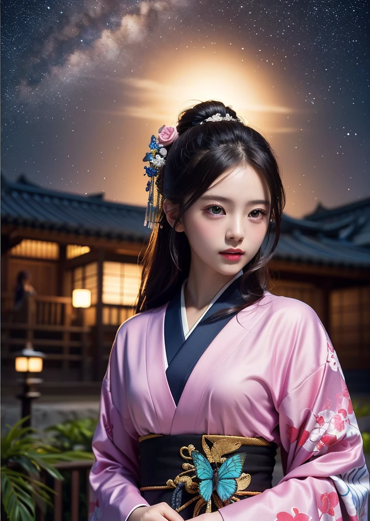 (masterpiece, Highest quality, Highest quality, Official Art, beautifully、beautiful:1.2), Demon slayer、Hu Die Ren(1 Beautiful Girl、Japanese Girls)、kimono、Updo、Butterfly Hair Ornament、Look at me、Shining constellations, Late night with starry skies、Background with spatial details、Photorealistic、Cinematic lighting