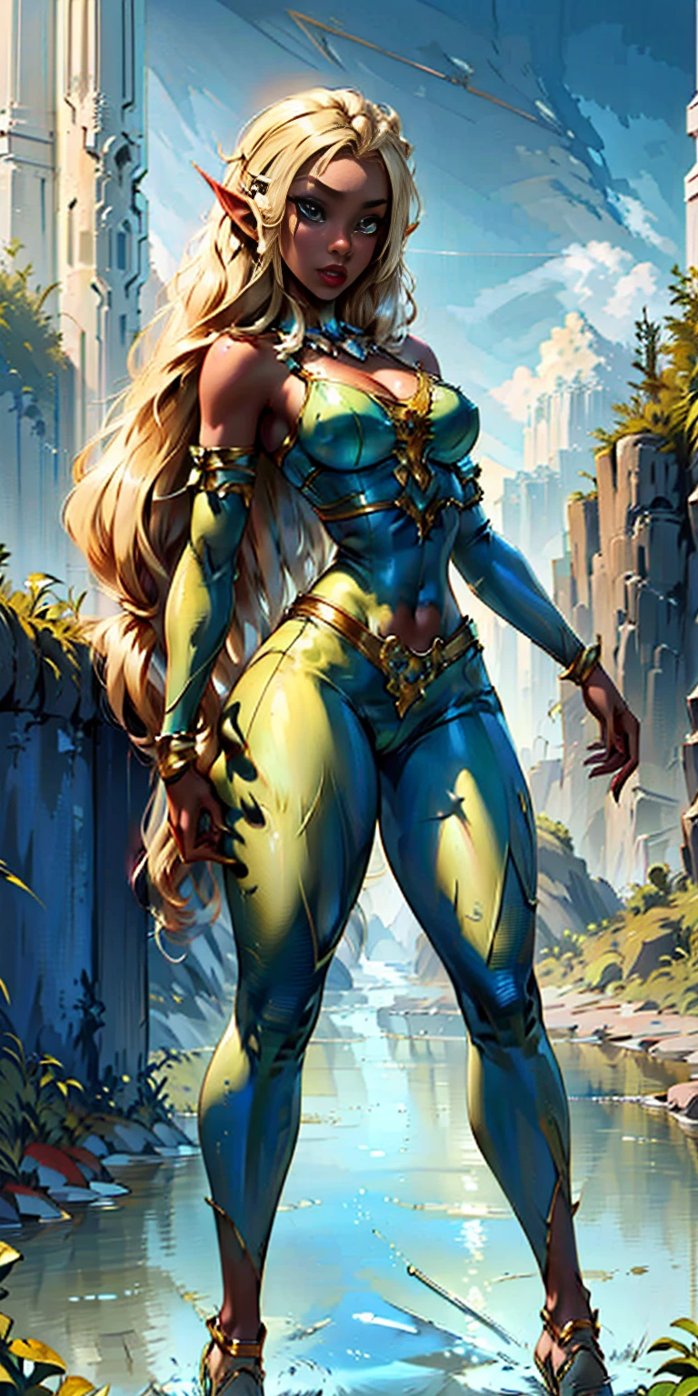 Extremely detailed Artgerm style: This sets the overall artistic style with a high level of detail. Fantasy art: This specifies the genre. Goddess of the green forest: This defines the character's role and gives context to the setting. Woman with long, elf ears: This incorporates the elf features. Black skin: This specifies the character's race. Ornate bikini armor: This combines the skimpy clothing with a fantastical, protective element. Blue high heels standing straight symmetrical: This suggests the color of the bikini and potentially the water body. Long, messy blonde hair: This adds a detail that contrasts the Artgerm style, which is typically more polished for hair.