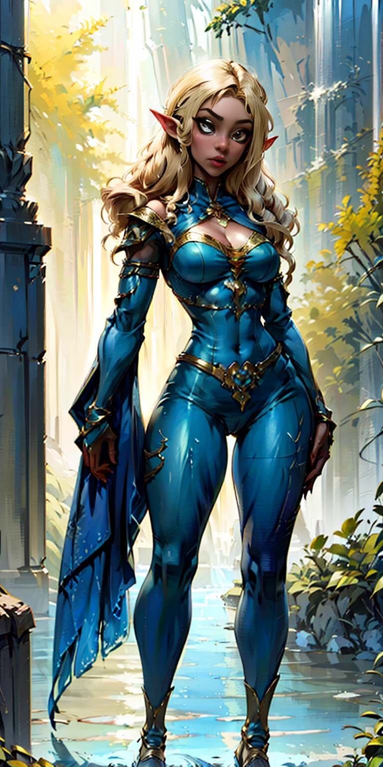 Extremely detailed Artgerm style: This sets the overall artistic style with a high level of detail. Fantasy art: This specifies the genre. Goddess of the green forest: This defines the character's role and gives context to the setting. Woman with long, elf ears: This incorporates the elf features. Black skin: This specifies the character's race. Ornate bikini armor: This combines the skimpy clothing with a fantastical, protective element. Blue high heels standing straight symmetrical: This suggests the color of the bikini and potentially the water body. Long, messy blonde hair: This adds a detail that contrasts the Artgerm style, which is typically more polished for hair.