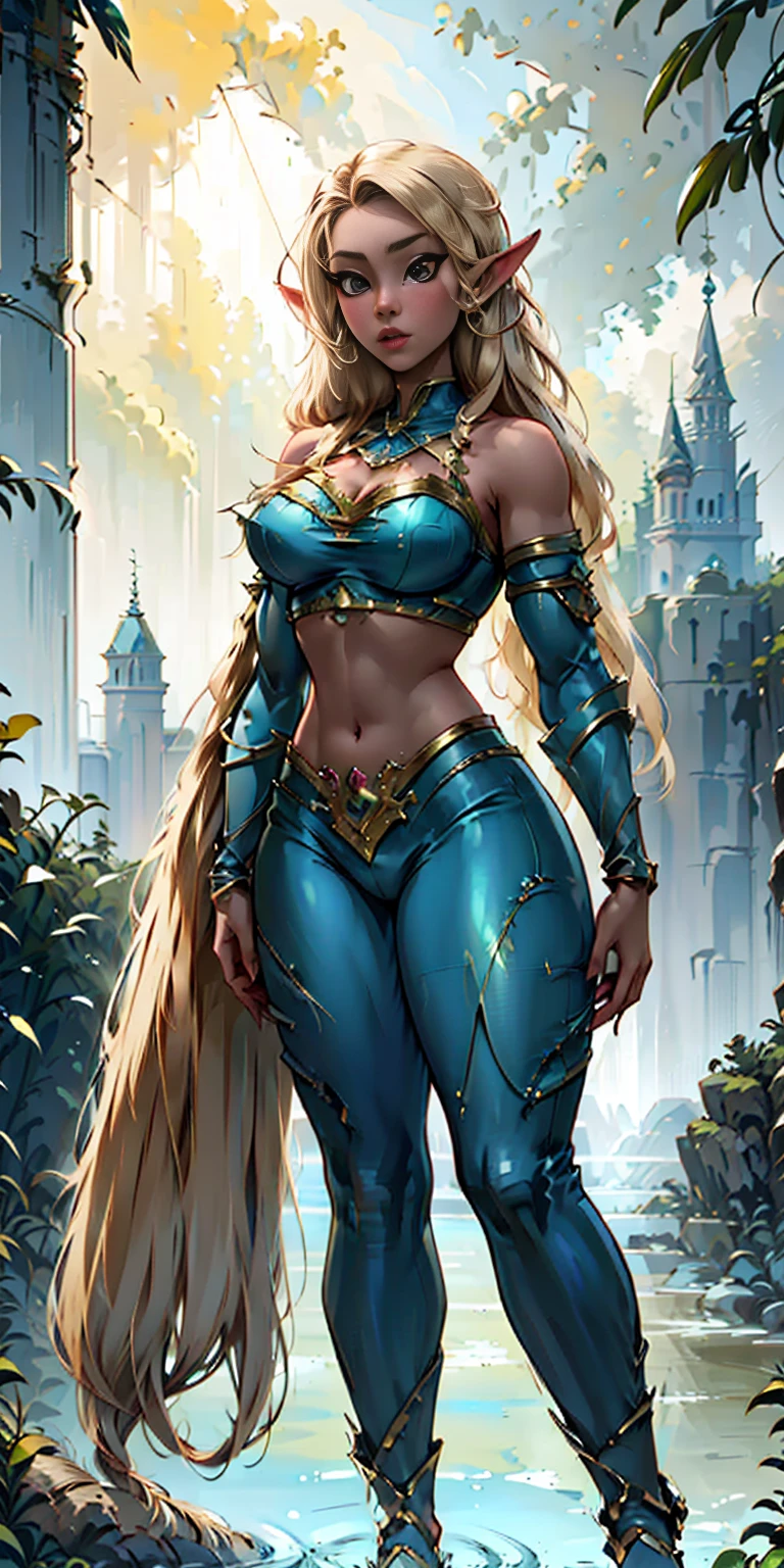 Extremely detailed Artgerm style: This sets the overall artistic style with a high level of detail. Fantasy art: This specifies the genre. Goddess of the green forest: This defines the character's role and gives context to the setting. Woman with long, elf ears: This incorporates the elf features. Black skin: This specifies the character's race. Ornate bikini armor: This combines the skimpy clothing with a fantastical, protective element. Blue high heels standing straight symmetrical: This suggests the color of the bikini and potentially the water body. Long, messy blonde hair: This adds a detail that contrasts the Artgerm style, which is typically more polished for hair.