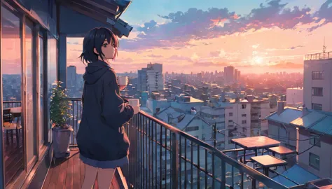 a girl standing on a balcony with a cup of coffee, cgsociety 9, chillhop, alena aenami and artgerm, makoto shinkai and artgerm, ...