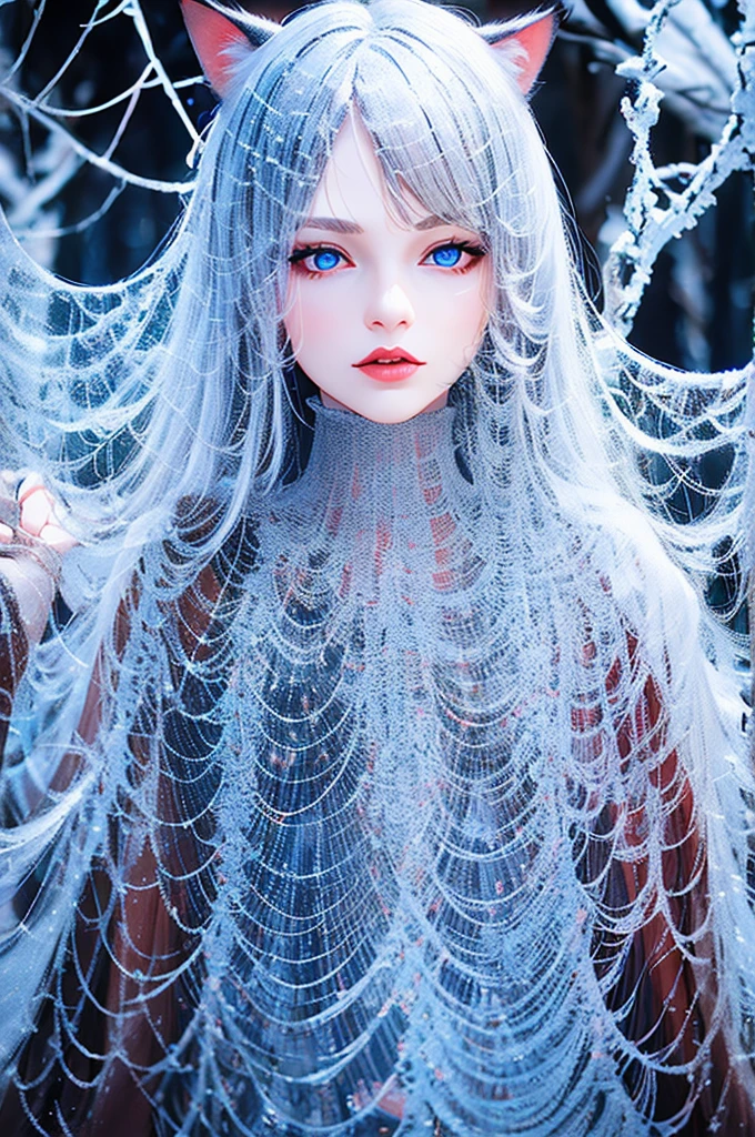 Detailed facial details，16 years old，1 girl，Red lips，Cat ear，Black long hair，Large Breasts，Slim，Wrapped in silk，Charming blue eyes，Collar，Radiant Skin，Winter snow