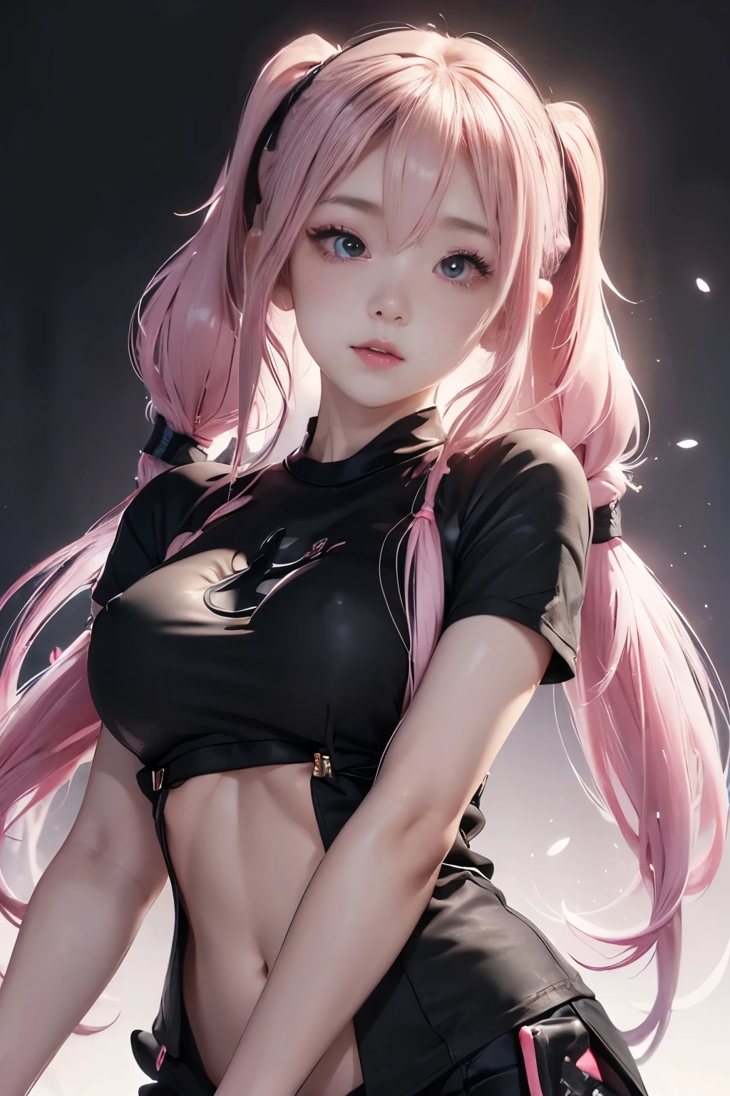 ((Upper body photo))、Cute face、Pink Hair、Long Hair、Twin tails、White skin、((Shooting from the front:1.5 ))、((Tight black t-shirt:1.5)), ((Big Breasts)), Pointed nipples, masterpiece