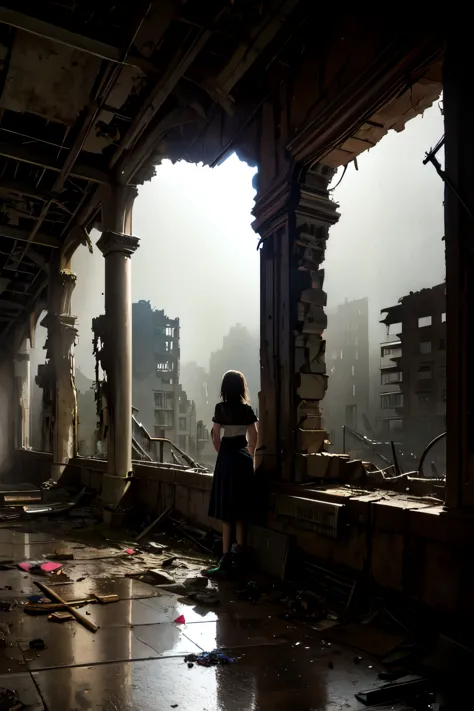 three girls explore ruins, ruin seekers, explore abandoned buildings, detailed interior with debris and broken windows, dark and...