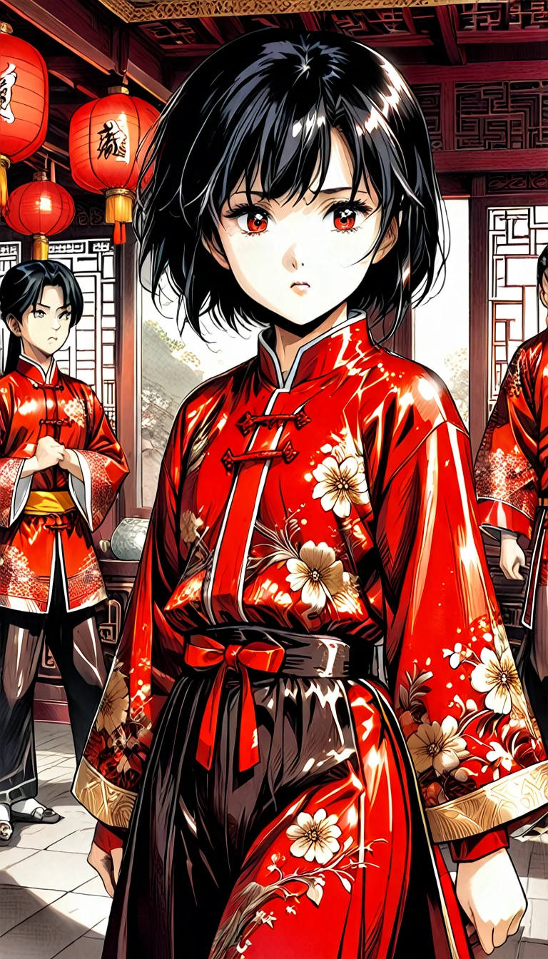 A tragic historical drama depicted in 8K live-action style: Beautiful palace secrets　A beautiful 10-year-old Chinese kung fu girl with short black hair, Hime、Forced to wear excrement pants　Gorgeous embroidery, Ultra glossy, She is wearing a shiny red top and bottom long sleeve floral pajama kung fu suit....　　　