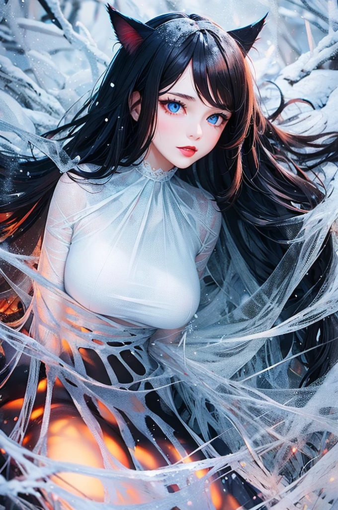 Detailed facial details，16 years old，1 girl，Red lips，Cat ear，Black long hair，Large Breasts，Slim，Wrapped in silk，Charming blue eyes，Collar，Radiant Skin，Winter snow