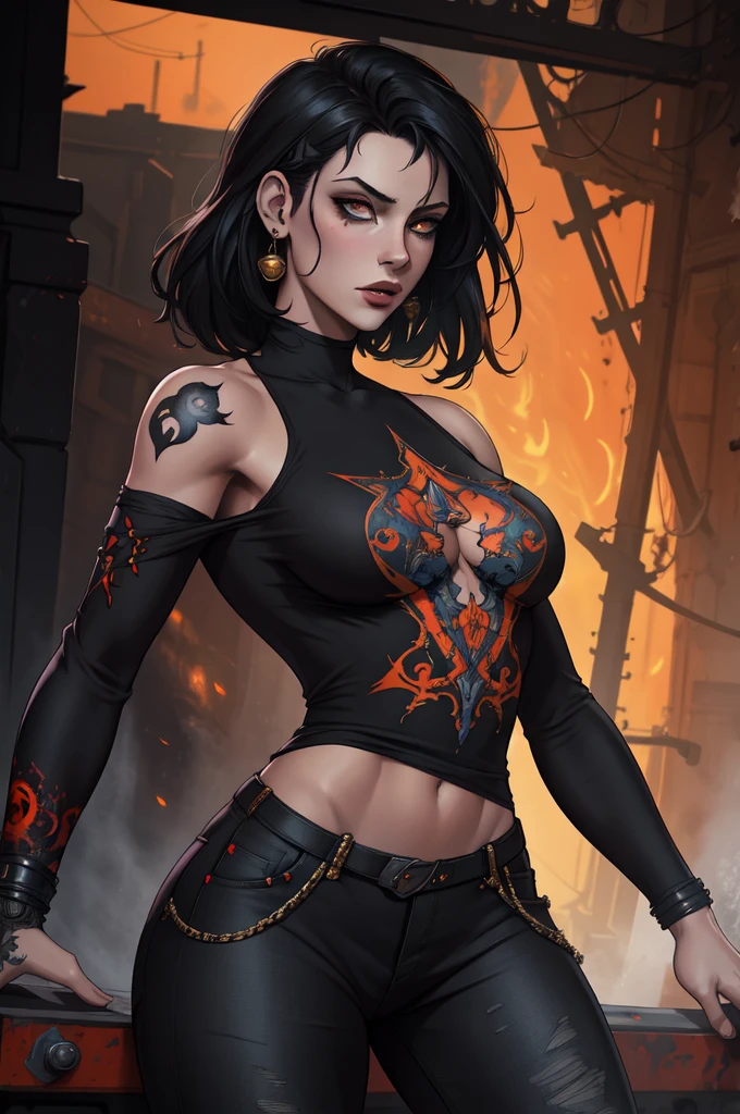 Aesthetic, horror Devil dark painterly style, modern ink, girl celina + Jil valentine withe black orange blood dark jeans short tshirts lua tattoo, expressive pose, urbanpunk, multi-layered perfect texture background, neo-expressionist, Russ Mills, Ian Miller, Harrison Fisher, Brian Froud, Jeremy Mann, Steadman , Hanuka, Klimt, Bell, Hobbie, Newton, greg rutkowski, atmospheric, hyperdetail, artstation trend, artgerm, deviant art, octane, masterpiece, complex art, intricat