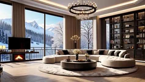 design a luxurious and modern living room，with high ceilings and exquisite aesthetics。the room is equipped with a large sofa set...