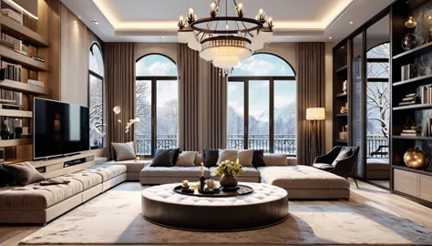 design a luxurious and modern living room，with high ceilings and exquisite aesthetics。the room is equipped with a large sofa set...