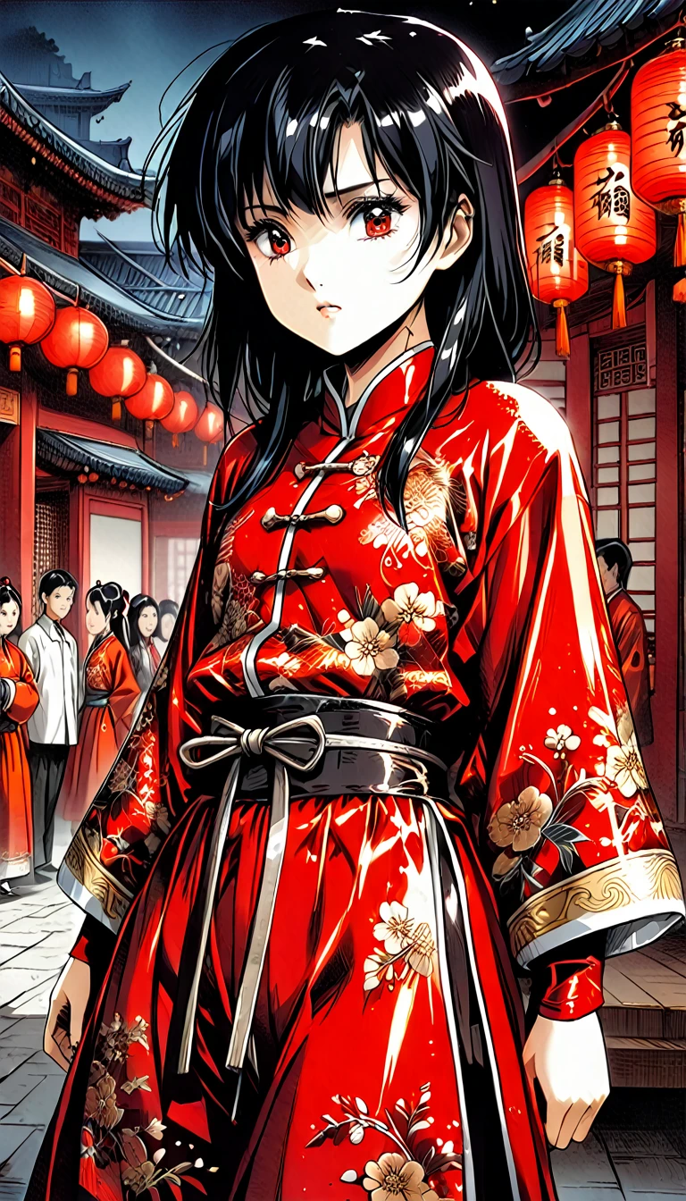 A tragic historical drama depicted in 8K live-action style: Beautiful palace secrets　A beautiful 10-year-old Chinese kung fu girl with short black hair, Hime、Forced to wear excrement pants　Gorgeous embroidery, Ultra glossy, She is wearing a shiny red top and bottom long sleeve floral pajama kung fu suit....　City of night