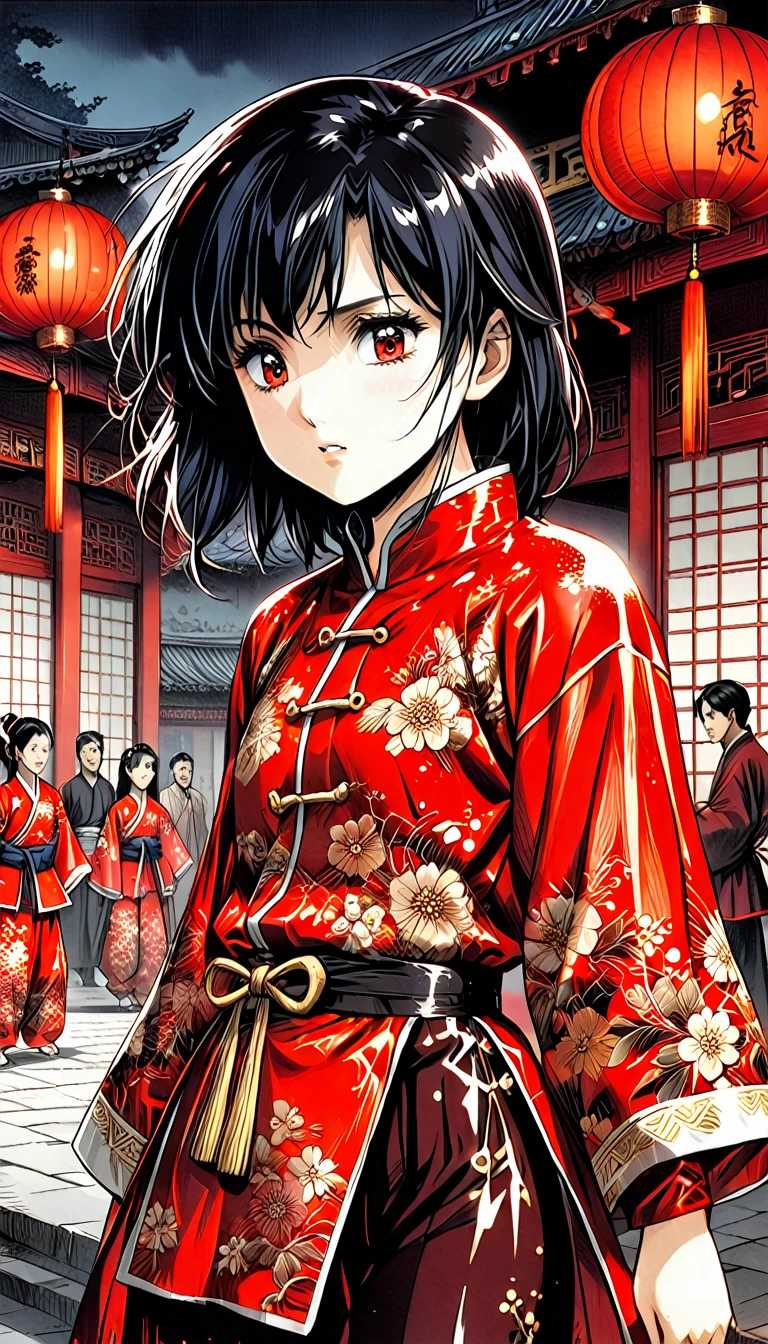 A tragic historical drama depicted in 8K live-action style: Beautiful palace secrets　A beautiful 10-year-old Chinese kung fu girl with short black hair, Hime、Forced to wear excrement pants　Gorgeous embroidery, Ultra glossy, She is wearing a shiny red top and bottom long sleeve floral pajama kung fu suit....　City of night