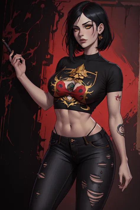 Aesthetic, horror Devil dark painterly style, modern ink, girl Boruto + Jil valentine withe black gold blood dark jeans short ts...