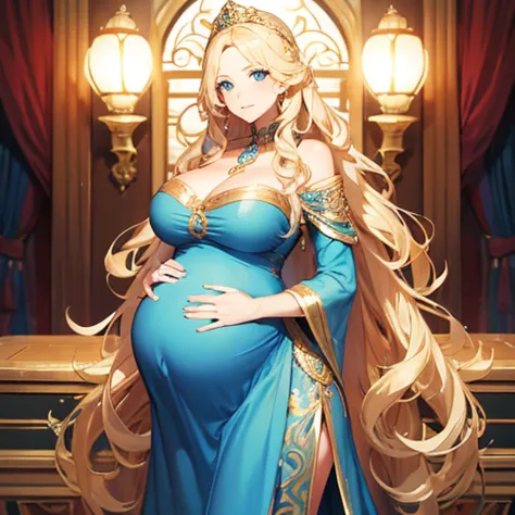 beautiful pregnant queen, wavy blonde hair, blue eyes, ornate light blue dress with gold details, cleavage