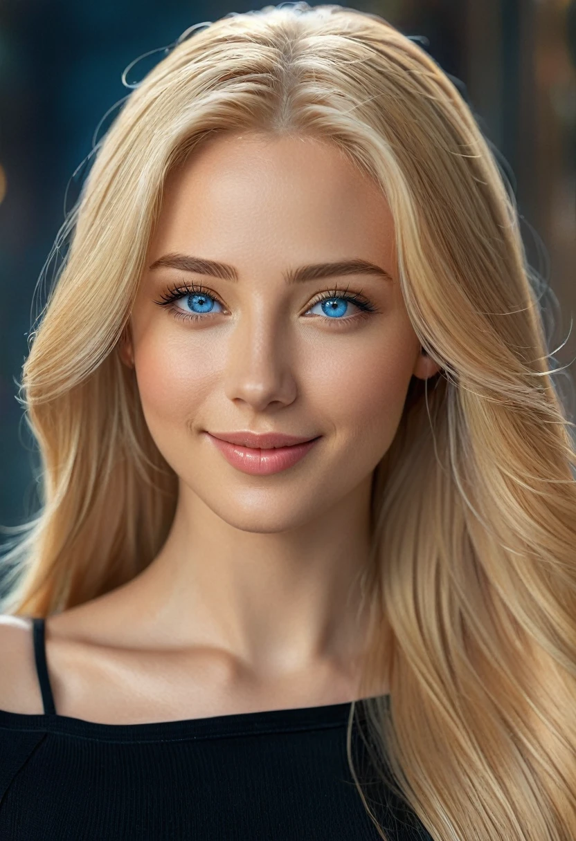 hyper realistic,,aqheodd, realistic style, a woman with long blonde hair and a black top, 1girl, solo, long hair, looking at viewer, smile, blue eyes, blonde hair, upper body, lips, realistic, sharp focus, intricate, elegant, highly detailed, very artistic, background, colorful, light, magical, thought, magic, illuminated