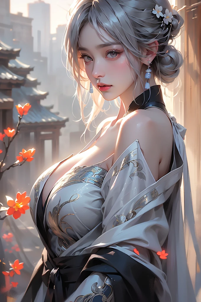 super high quality, masterpiece, Perfect illustration, Very detailed (Exquisite light and shadow, Very dramatic photo,Backlight) , ((Gray Hair:1.5))1 Girl,(( alone:1.6)), (Wearing Han clothes, Black and white Hanfu,Monotony,Long sleeve) Flower Field, Flowers, (White smoke:1.3) (Realistic:1.4), Zen Intertwining, Tangled, Official Art, unity 8k wallpaper, Very detailed, Beautiful and beautiful, masterpiece, Highest quality, (Dynamic Angle: 1.4), Glowing Skin, (Floating colorful flashes: 1) The most beautiful chaotic shapes, elegant, Brutalist Design, Bright colors, Romantic Depth of Field Exotic_dance, half_naked、（Off the shoulder:1.4, Expose your shoulders、Ample breasts、Beautiful cleavage、Distant valley）.((from diagonally forward)).((The action of tucking hair behind the ear))
