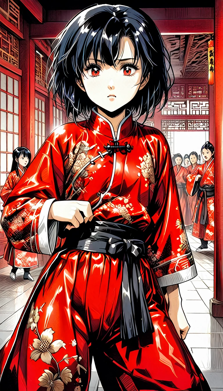 A tragic historical drama depicted in 8K live-action style: Beautiful palace secrets　A beautiful 10-year-old Chinese kung fu girl with short black hair, Hime、Forced to wear excrement pants　Gorgeous embroidery, Ultra glossy, She is wearing a shiny red top and bottom long sleeve floral pajama kung fu suit....　City of night　Run　　