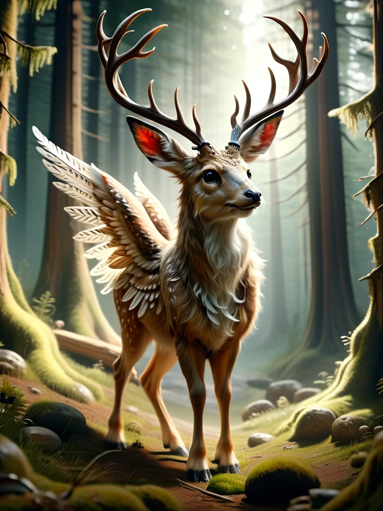 Lal Miskul, wolpertinger, Créatures mythiques, Un cerf avec des ailes sur son corps, forêt mystérieuse 