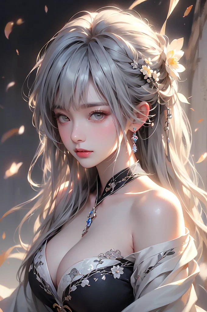 super high quality, masterpiece, Perfect illustration, Very detailed (Exquisite light and shadow, Very dramatic photo,Backlight) , ((Gray Hair:1.5))1 Girl,(( alone:1.6)), (Wearing Han clothes, Black and white Hanfu,Monotony,Long sleeve) Flower Field, Flowers, (White smoke:1.3) (Realistic:1.4), Zen Intertwining, Tangled, Official Art, unity 8k wallpaper, Very detailed, Beautiful and beautiful, masterpiece, Highest quality, (Dynamic Angle: 1.4), Glowing Skin, (Floating colorful flashes: 1) The most beautiful chaotic shapes, elegant, Brutalist Design, Bright colors, Romantic Depth of Field Exotic_dance, half_naked、Expose your shoulders、Ample breasts、Great cleavage、