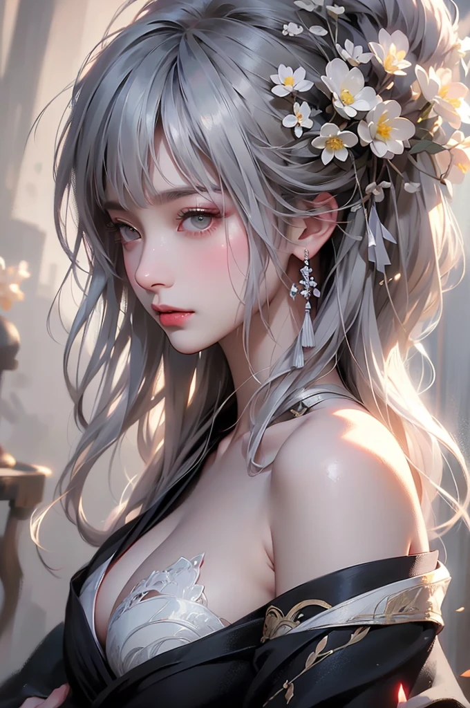 super high quality, masterpiece, Perfect illustration, Very detailed (Exquisite light and shadow, Very dramatic photo,Backlight) , ((Gray Hair:1.5))1 Girl,(( alone:1.6)), (Wearing Han clothes, Black and white Hanfu,Monotony,Long sleeve) Flower Field, Flowers, (White smoke:1.3) (Realistic:1.4), Zen Intertwining, Tangled, Official Art, unity 8k wallpaper, Very detailed, Beautiful and beautiful, masterpiece, Highest quality, (Dynamic Angle: 1.4), Glowing Skin, (Floating colorful flashes: 1) The most beautiful chaotic shapes, elegant, Brutalist Design, Bright colors, Romantic Depth of Field Exotic_dance, half_naked、Expose your shoulders、Ample breasts、Great cleavage、