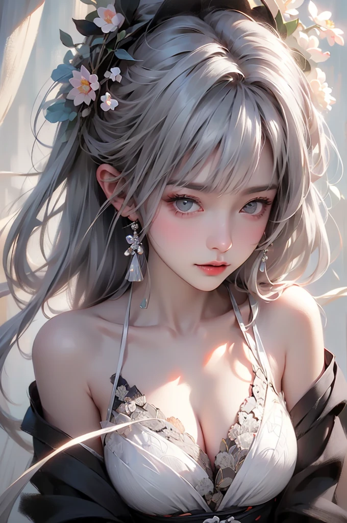 super high quality, masterpiece, Perfect illustration, Very detailed (Exquisite light and shadow, Very dramatic photo,Backlight) , ((Gray Hair:1.5))1 Girl,(( alone:1.6)), (Wearing Han clothes, Black and white Hanfu,Monotony,Long sleeve) Flower Field, Flowers, (White smoke:1.3) (Realistic:1.4), Zen Intertwining, Tangled, Official Art, unity 8k wallpaper, Very detailed, Beautiful and beautiful, masterpiece, Highest quality, (Dynamic Angle: 1.4), Glowing Skin, (Floating colorful flashes: 1) The most beautiful chaotic shapes, elegant, Brutalist Design, Bright colors, Romantic Depth of Field Exotic_dance, half_naked、Expose your shoulders、Ample breasts、Great cleavage、