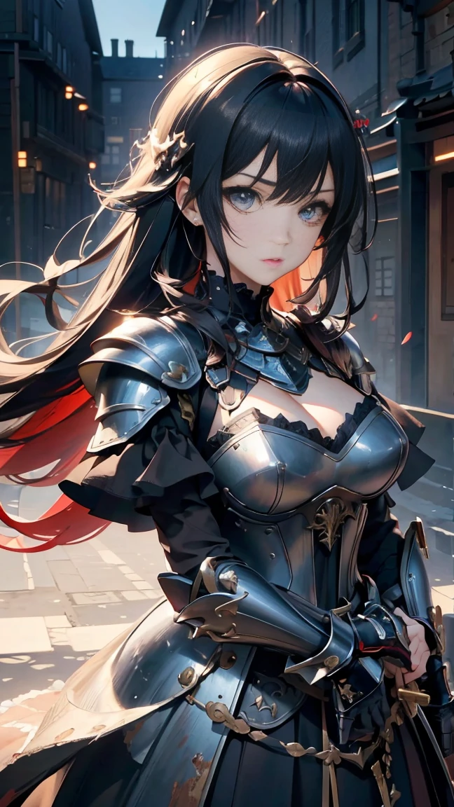 anime style, masterpiece, accurate, textured skin, high quality, best quality, highres, high details, super detail, gorgeous adult woman, black hair, bangs, perfect eyes, cleavage, soft light, high quality, 4k resolution, (Western knight with sword and shield), (steel armor), war, be covered in blood