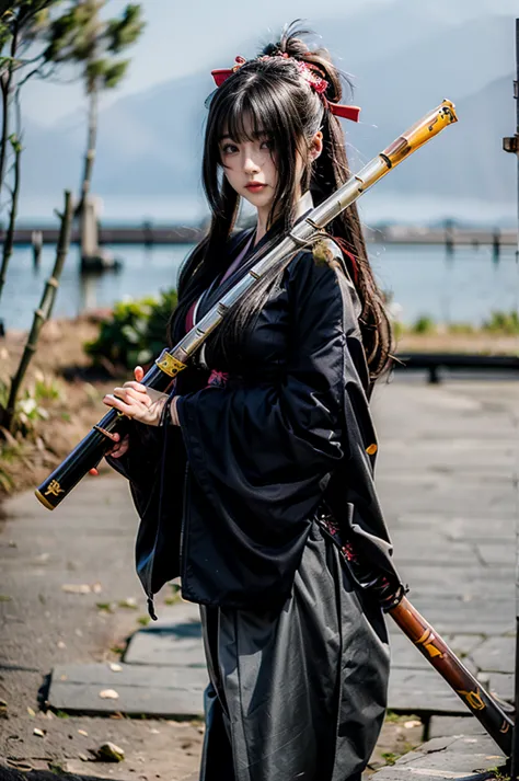 1girl, black hair, long hair, hime cut, japanese clothes, holding weapon, katana, standing, outdoors, bamboo forest, upper body,...