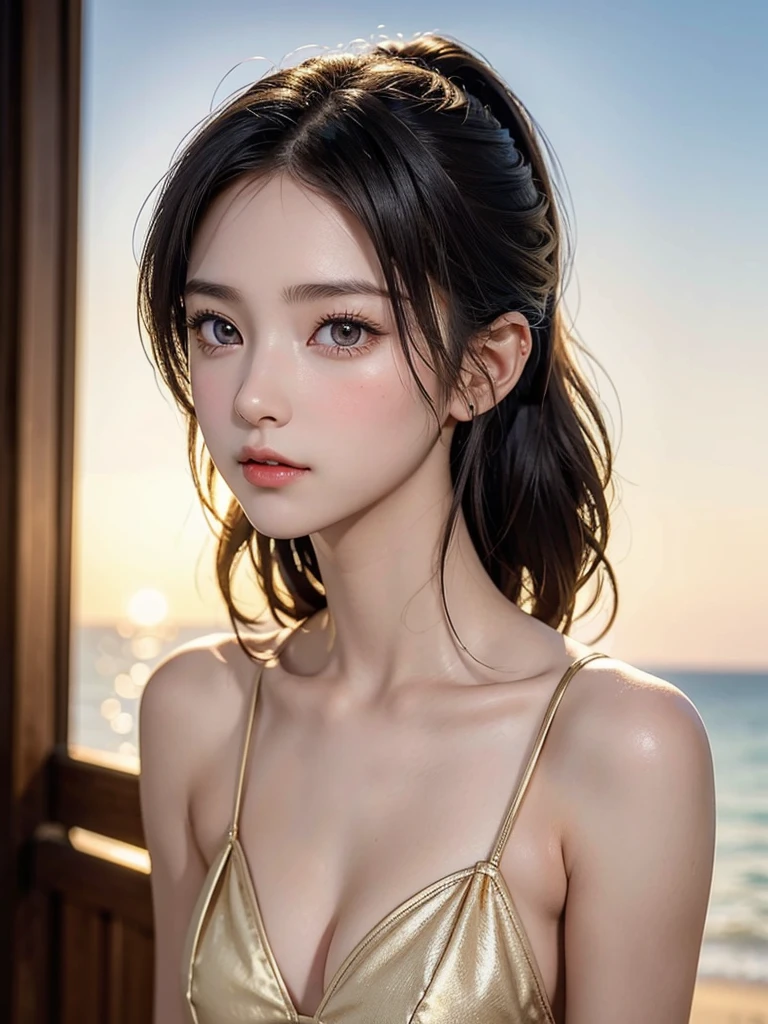 One Girl，(1人のとてもcute女の子:1.3)，masterpiece，Highest quality，High resolution，From below，Low - Angle，Photorealistic，RAW Photos，Ray Tracing，Physically Based Rendering，beautiful girl，(15 years old:1.3)，cute，Big eyes，(detailed pupils:1.2)，(The face is facing straight ahead:1.3)，Body facing forward，Beautiful nose，High nose，Upturned nose，Fuller lips，Short black hair，ponytail，short hair，Detailed eyelashes，Thin eyebrows，Very fine grain definition，(Symmetrical eyes，Golden Ratio:1.3)，(Face close-up，Face Focus:1.0)，Small breasts，Short neck，White swimsuit，White Bikini，The background is the sea，Southern Island，sunset，Sunset，Portrait，View Viewer，Upper Body，Cinema Lighting，High resolution，Very detailed