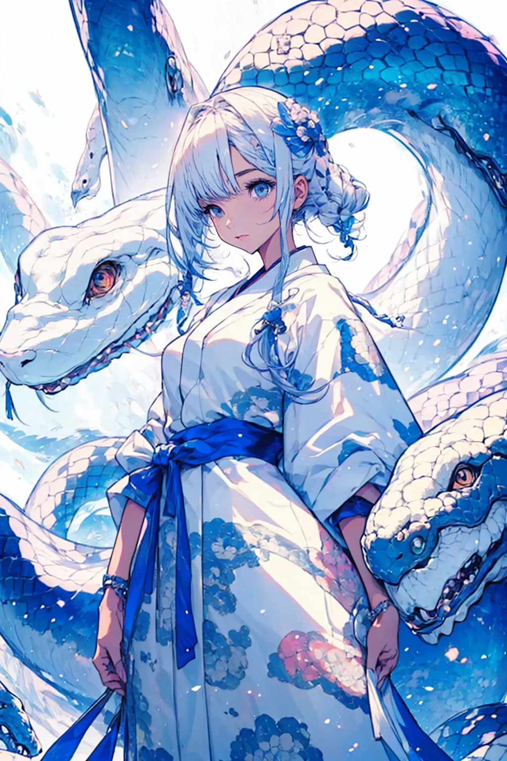 1 fille et 1 serpent,cool,elle porte un yukata blanc,Style japonais,le serpent est blanc et de grande taille,style inférieur