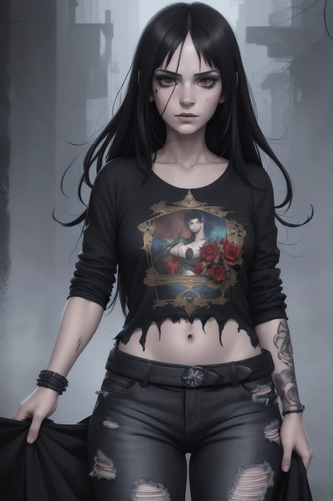 Aesthetic, horror Devil dark painterly style, modern ink, girl Boruto + Arlequina feiticeira black blood dark jeans short tshirts espinhos tattoo, expressive pose, urbanpunk, multi-layered perfect texture background, neo-expressionist, Russ Mills, Ian Miller, Harrison Fisher, Brian Froud, Jeremy Mann, Steadman , Hanuka, Klimt, Bell, Hobbie, Newton, greg rutkowski, atmospheric, hyperdetail, artstation trend, artgerm, deviant art, octane, masterpiece, complex art, intricat