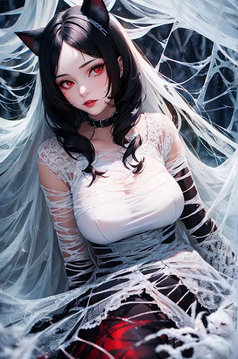 Detailed facial details，16 years old，1 girl，Red lips，Cat ear，Black long hair，Large Breasts，Slim，Mouth tangled in spider silk，Wea...