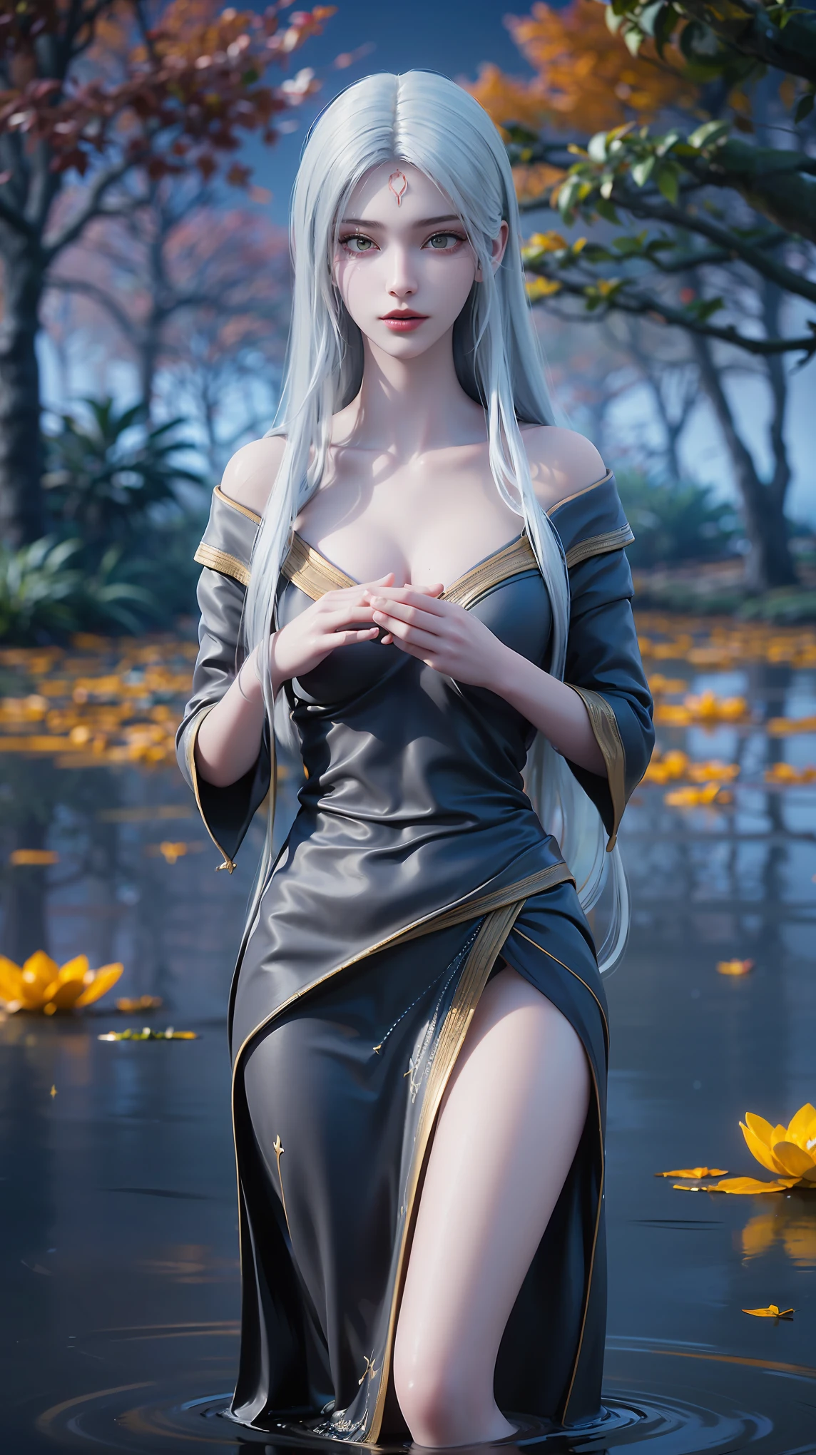 A beautiful young girl bathing in serene water, her long white hair flowing gracefully, holding her hands to her chest to cover herself, a glowing golden lotus floating on the water beside her, (best quality,4k,8k,highres,masterpiece:1.2),ultra-detailed,(realistic,photorealistic,photo-realistic:1.37),detailed face and eyes,extremely detailed skin,chiaroscuro lighting,dramatic lighting,muted color palette,mystical,spiritual,fantasy,cinematic composition