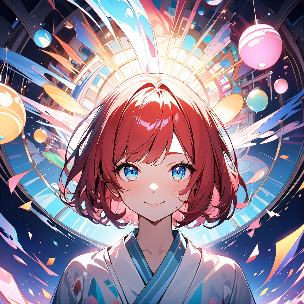 1 girl,Redhead Bob Cut、Long Bangs、Blue Eyes、Light blue kimono 、smile、From the front towards you、profile,In 8K, Surreal, Lens flare,A fun atmosphere, Shine, In detail, complicated, Many colors, Bright lighting,Bright Face、Trending on Art Station,, Surreal,, Extremely detailed, Unreal Engine 5, masterpiece, Highest quality、Upper Body