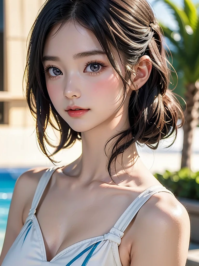 One Girl，(1人のとてもcute女の子:1.3)，masterpiece，Highest quality，High resolution，From below，Low - Angle，Photorealistic，RAW Photos，Ray Tracing，Physically Based Rendering，beautiful girl，(15 years old:1.3)，cute，Big eyes，(detailed pupils:1.2)，(The face is facing straight ahead:1.3)，Body facing forward，Beautiful nose，High nose，Upturned nose，Fuller lips，Short black hair，ponytail，short hair，Detailed eyelashes，Thin eyebrows，Very fine grain definition，(Symmetrical eyes，Golden Ratio:1.3)，(Face close-up，Face Focus:1.0)，Small breasts，Short neck，White swimsuit，White Bikini，The background is the sea，Southern Island，sunset，Sunset，Portrait，View Viewer，Upper Body，Cinema Lighting，High resolution，Very detailed