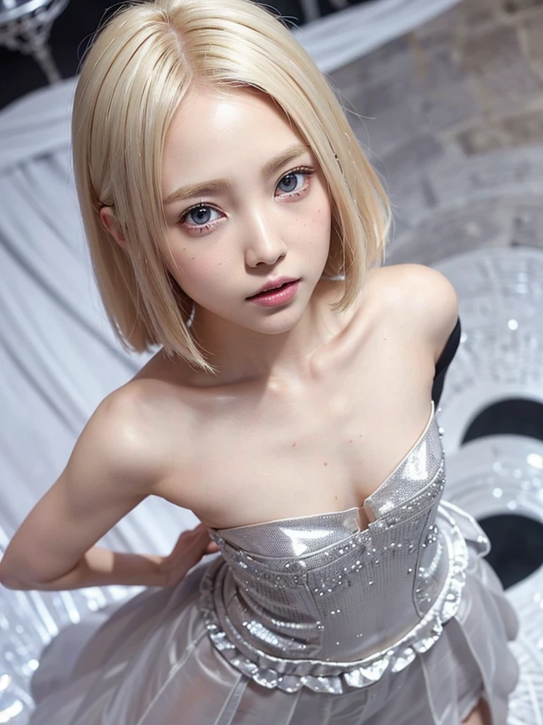 8K,Confused, High resolution, Very detailed, 1 Girl, alone, Very beautiful eyes, Ultra-precise depiction, Very detailed depiction, (Tangled:1.2), , (Abstract background:1.5), (Wedding dress:1.2 Short platinum blonde, (Shiny skin), Many colors, , (Shooting from above:1.2),Small body、Flat Body、slim、cute、、Round face、Cast a Shadow