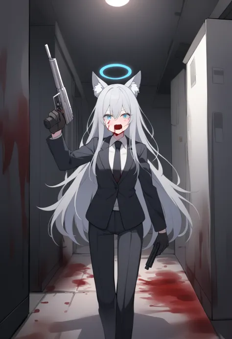 girl，silver long hair, blue eyes, wearing a black suit covered in blood,black gloves, and the black pants stained with blood, un...