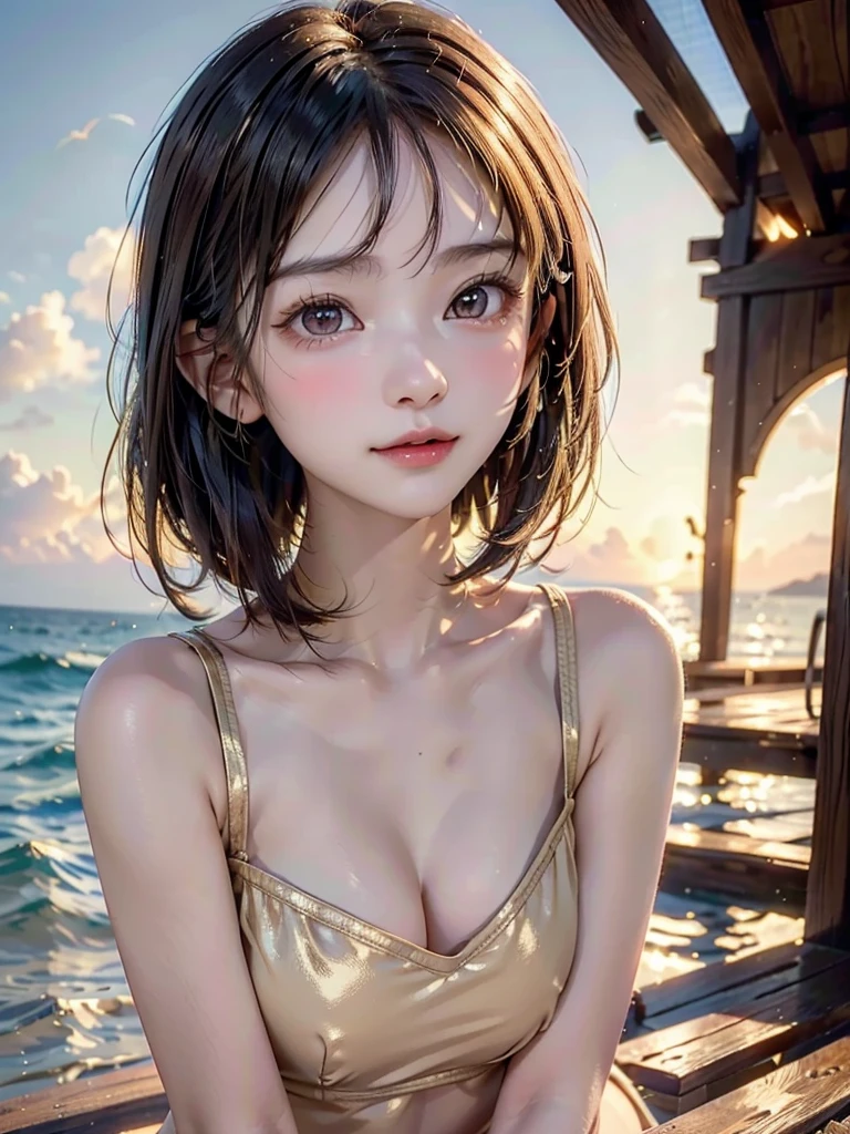 One Girl，(1人のとてもcute女の子:1.3)，masterpiece，Highest quality，High resolution，From below，Low - Angle，Photorealistic，RAW Photos，Ray Tracing，Physically Based Rendering，beautiful girl，(15 years old:1.3)，cute，Big eyes，(detailed pupils:1.2)，(The face is facing straight ahead:1.3)，Body facing forward，Beautiful nose，High nose，Upturned nose，Fuller lips，Short black hair，ponytail，short hair，Detailed eyelashes，Thin eyebrows，Very fine grain definition，(Symmetrical eyes，Golden Ratio:1.3)，(Face close-up，Face Focus:1.0)，Small breasts，Short neck，White swimsuit，White Bikini，The background is the sea，Southern Island，sunset，Sunset，Portrait，View Viewer，Upper Body，Cinema Lighting，High resolution，Very detailed